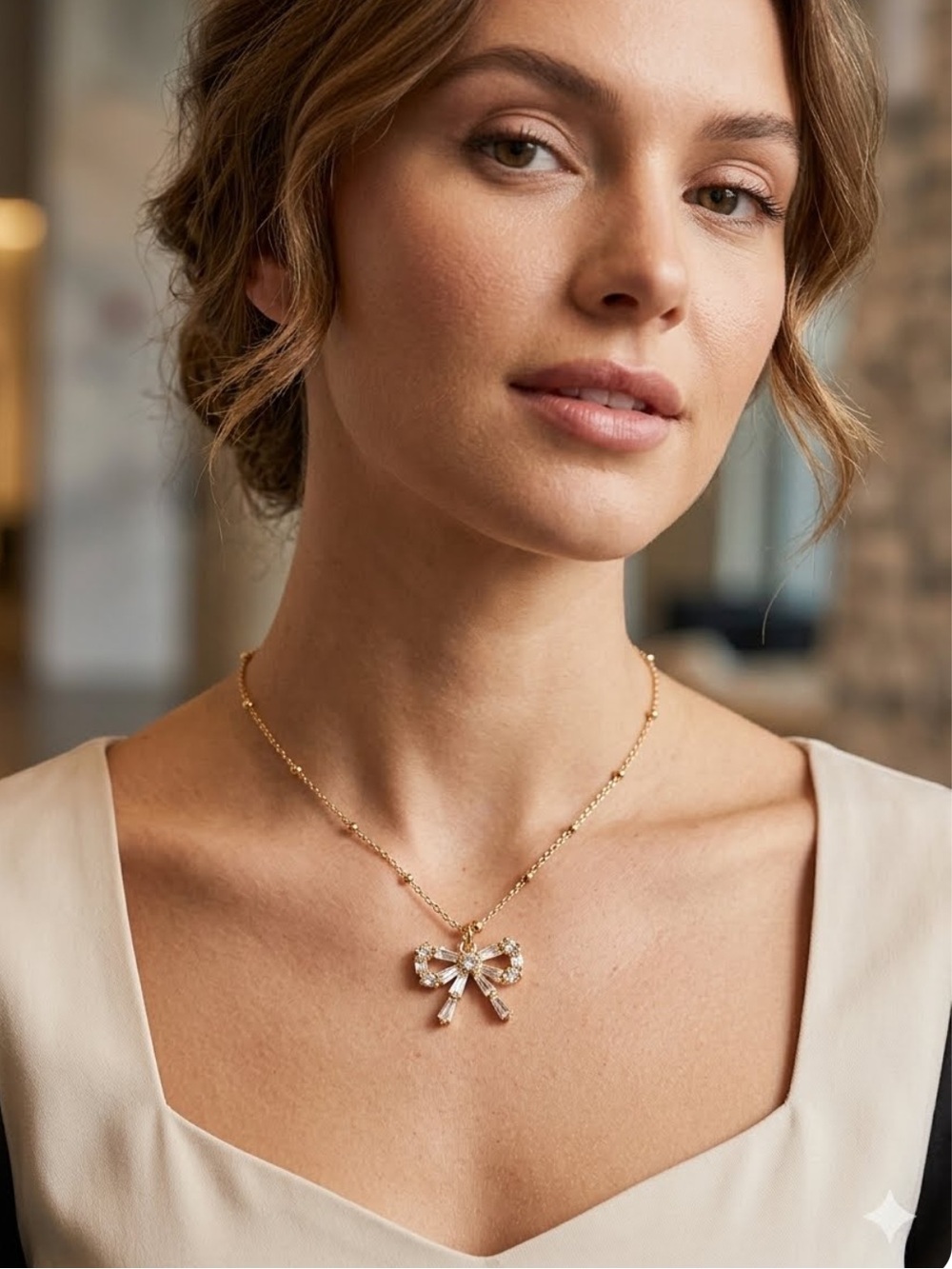 NIB Betsey Johnson Gold Crystal Baguette Bow Necklace Dainty Ribbon  $38